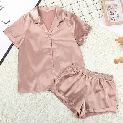 Conjunto de Pijama de verano con cuello vuelto de seda - PARAIRAVENUS.COM