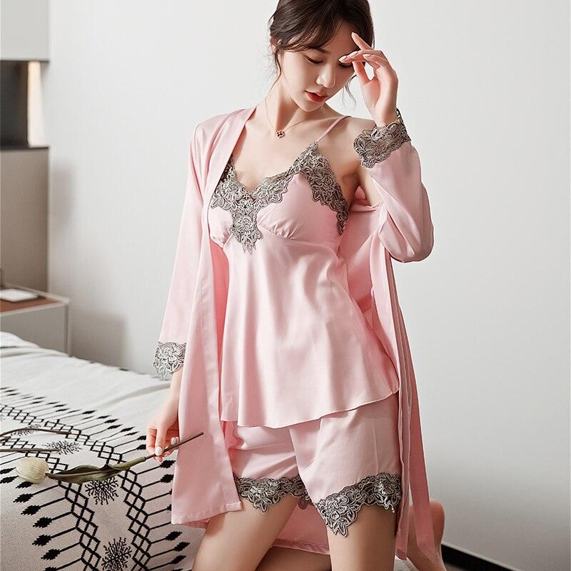 Conjunto de pijama de encaje sedoso para mujer, ropa de dormir Sexy, Kimono de satén, albornoz, camisón - PARAIRAVENUS.COM