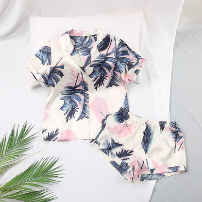 Conjunto de Pijama de verano con cuello vuelto de seda - PARAIRAVENUS.COM